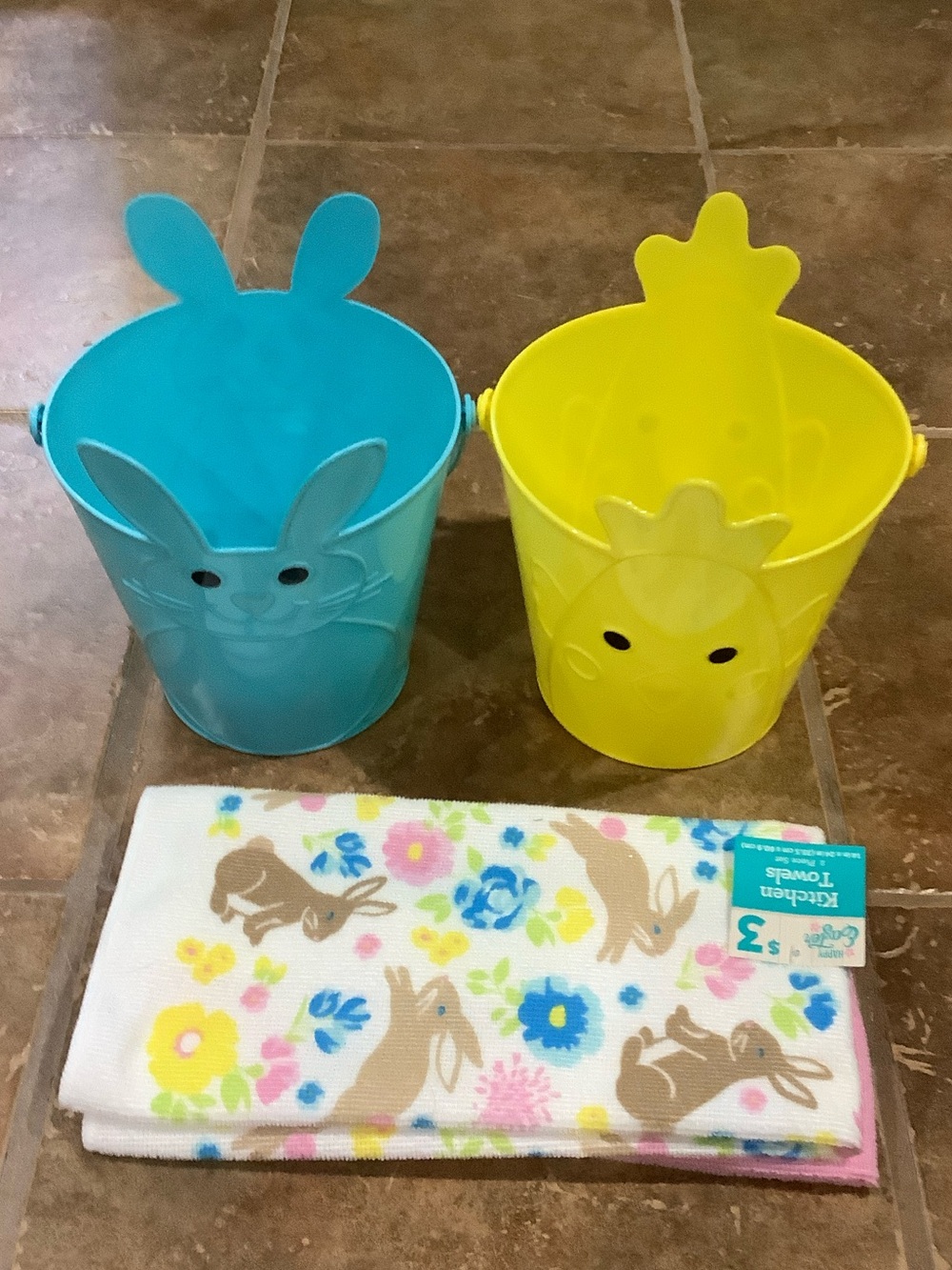 Spring Bunny Kitchen Towel with two Plastic Baskets